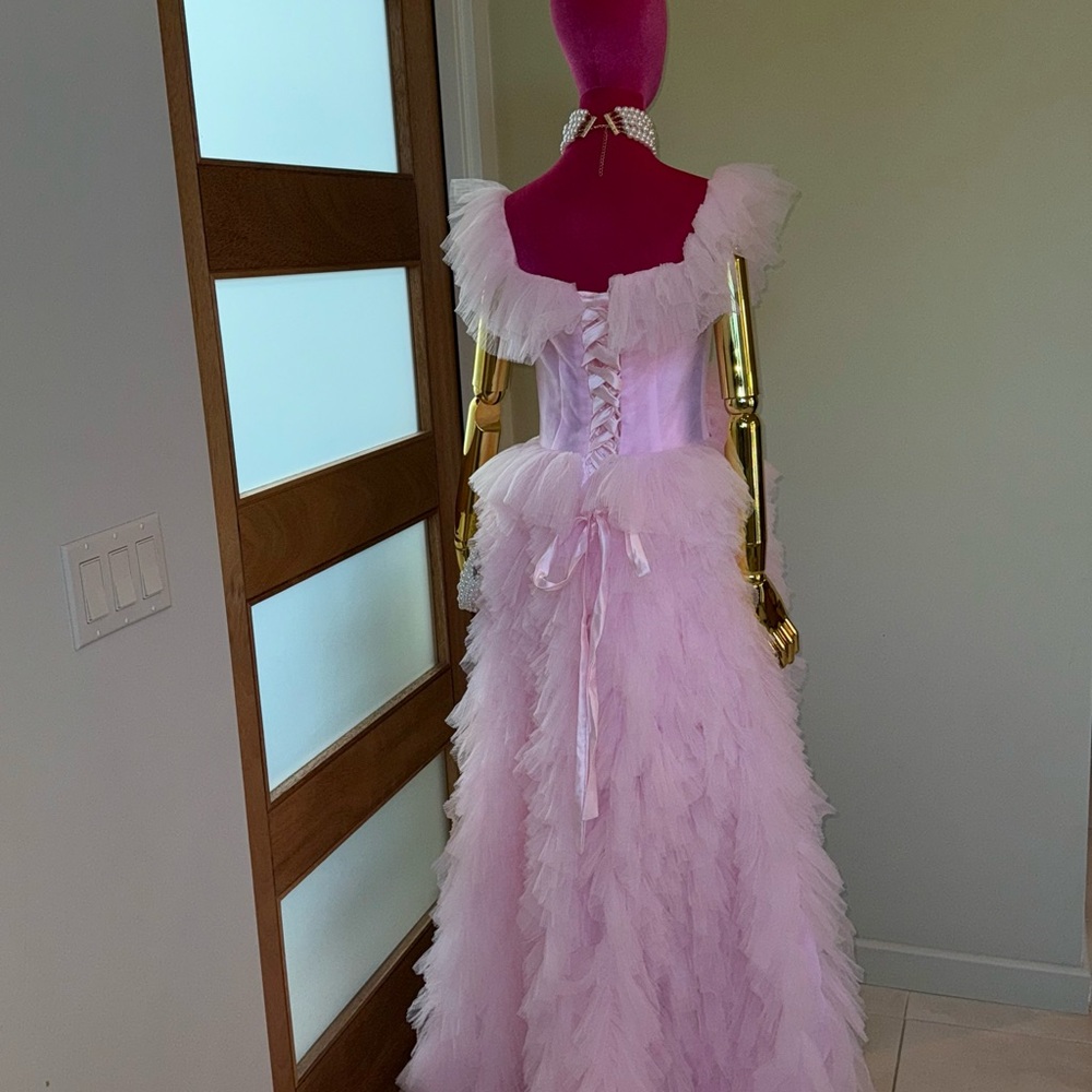 Pink Ruffled Off the Shoulder Prom
Dress with High Slit!  💗 - Picture 13 of 16